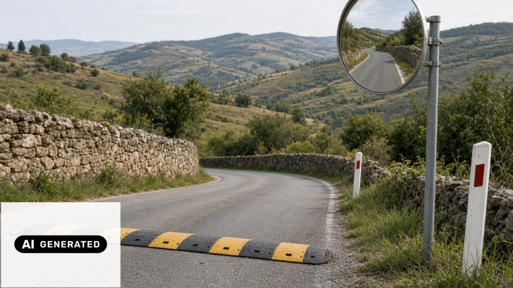 Specchio stradale, dosso e delineatori su incrocio. Immagine generata con intelligenza artificiale.