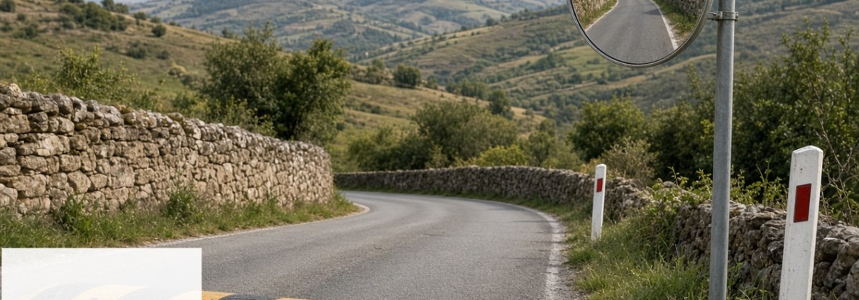 Specchio stradale, dosso e delineatori su incrocio. Immagine generata con intelligenza artificiale.