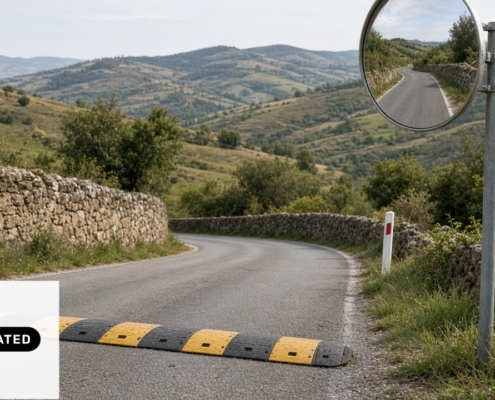 Specchio stradale, dosso e delineatori su incrocio. Immagine generata con intelligenza artificiale.